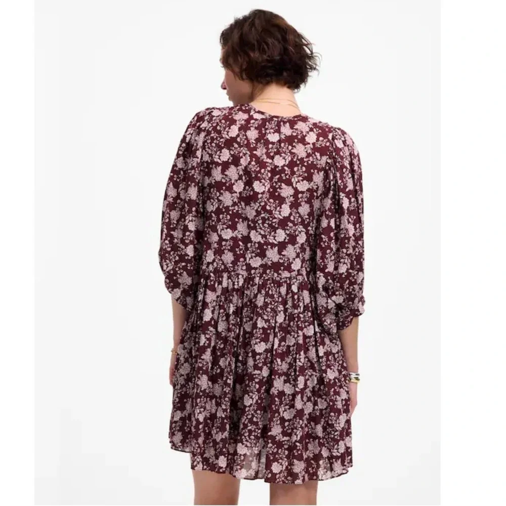 Madewell Floral Splitneck Puff Sleeve Babydoll Dress Medium Burgundy Purple